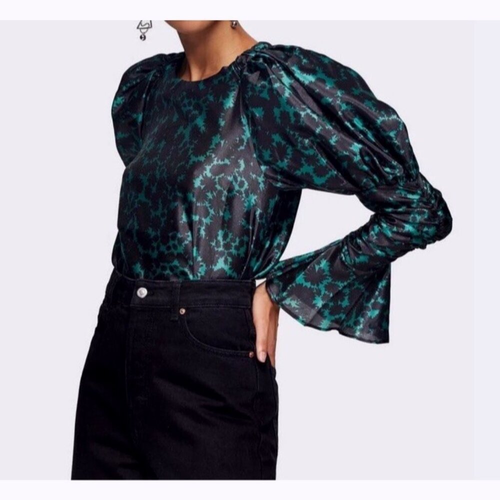 Topshop Black Teal Floral Metallic Puff Sleeve Top Size 6 Gothic Romantic